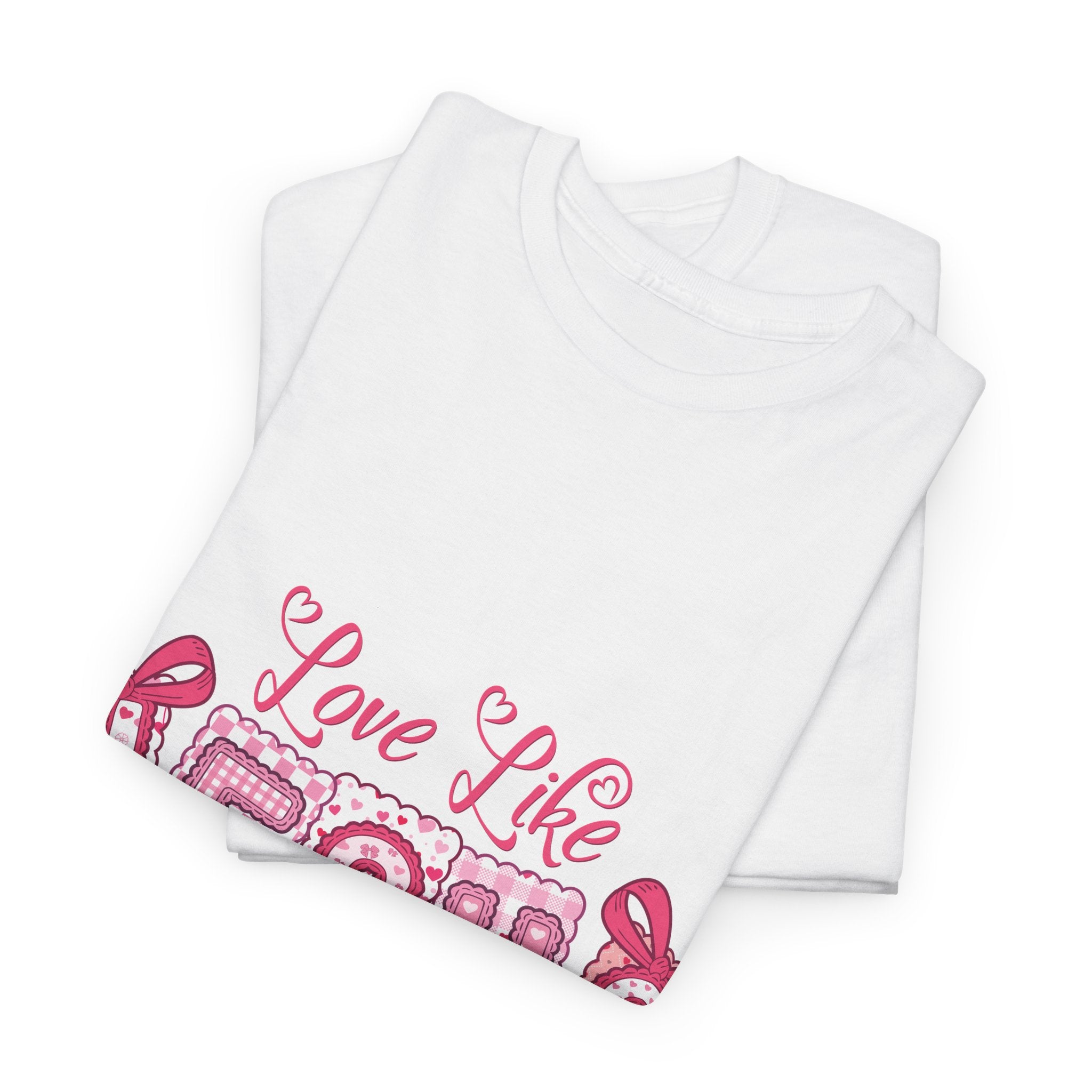Love Like Jesus Patchwork Tee — Pink Stitched Heart Graphic.Unisex Cotton Tee