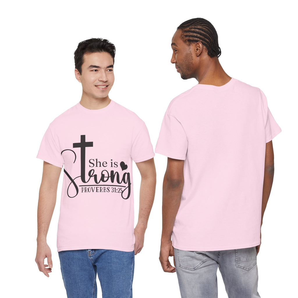Proverbs 31:25 'She is Strong' T-Shirt – Christian Cross & Heart Unisex Cotton Tee