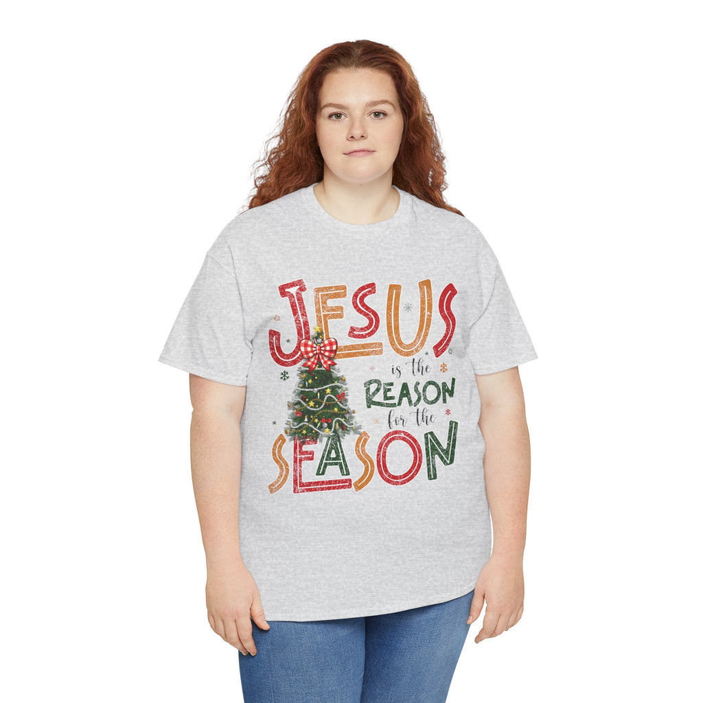 Jesus Is the Reason for the Season Christmas T-Shirt — Plaid Bow Tree..Unisex Cotton Tee