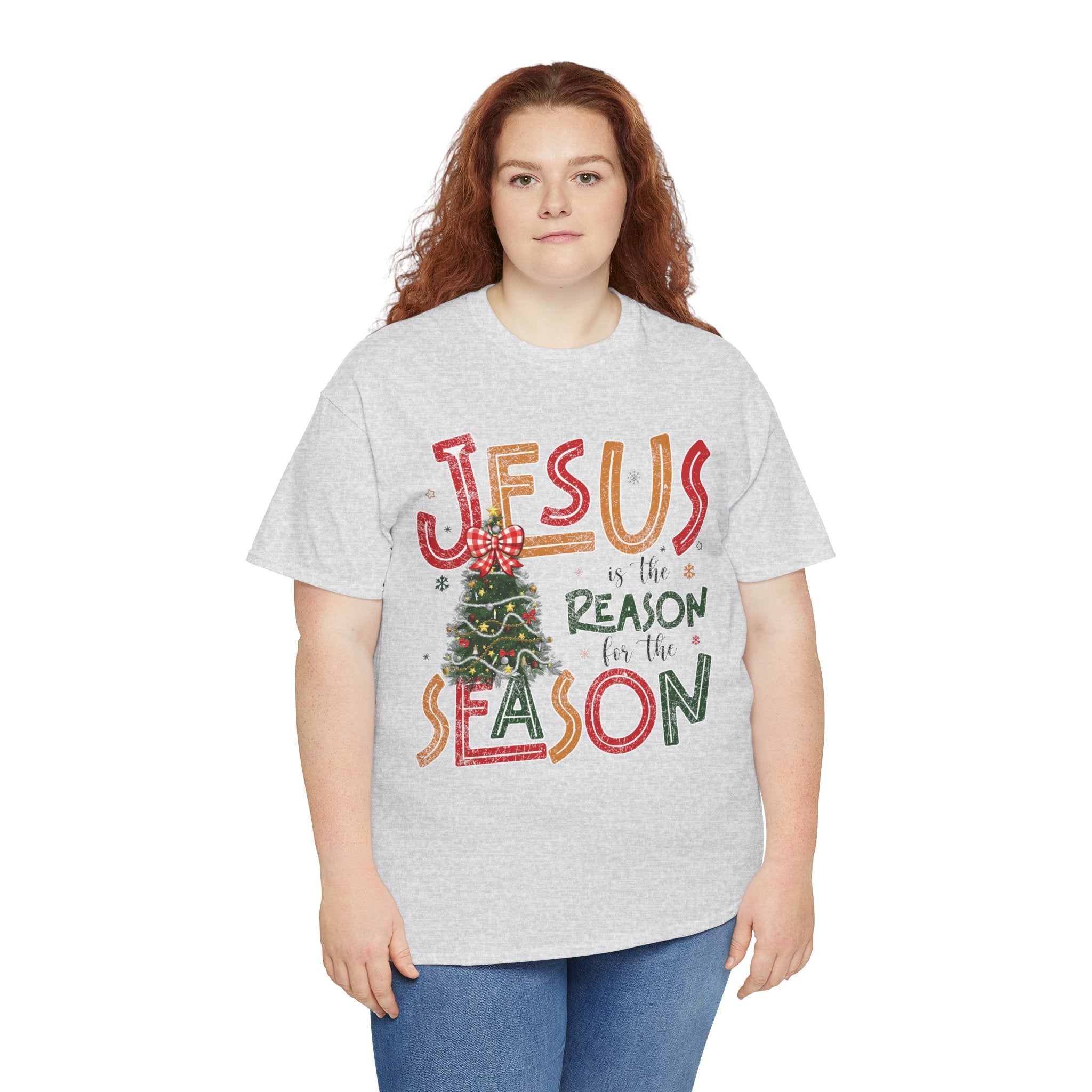 Jesus Is the Reason for the Season Christmas T-Shirt — Plaid Bow Tree..Unisex Cotton Tee