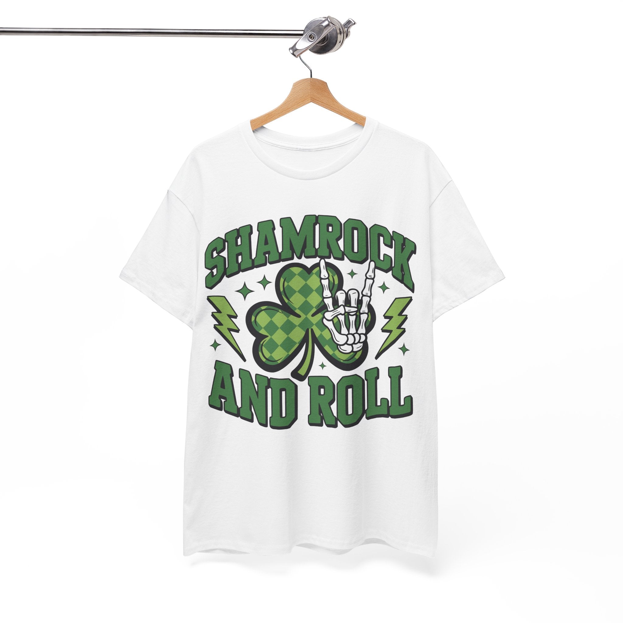 Shamrock and Roll Tee — Skeleton Hand & Lightning St. Patrick’s Rock Unisex Cotton Shirt