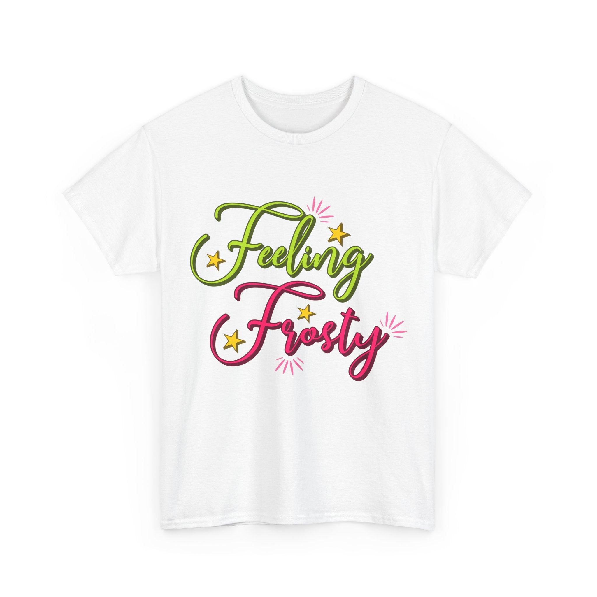 Feeling Frosty Holiday T-Shirt — Green & Pink Script Stars.Unisex Cotton Tee