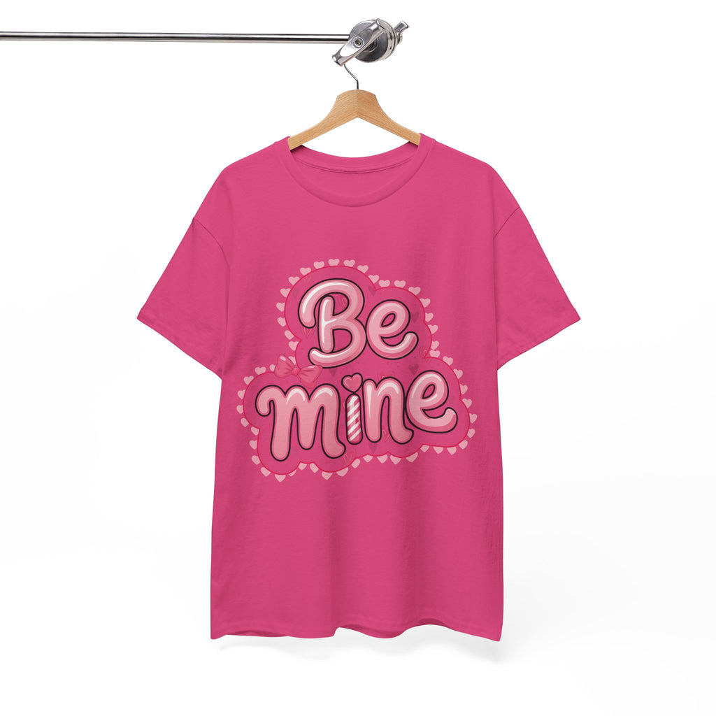 Be Mine Valentine T-Shirt — Pink Bubble Letters with Hearts & Bow..Unisex Cotton Tee
