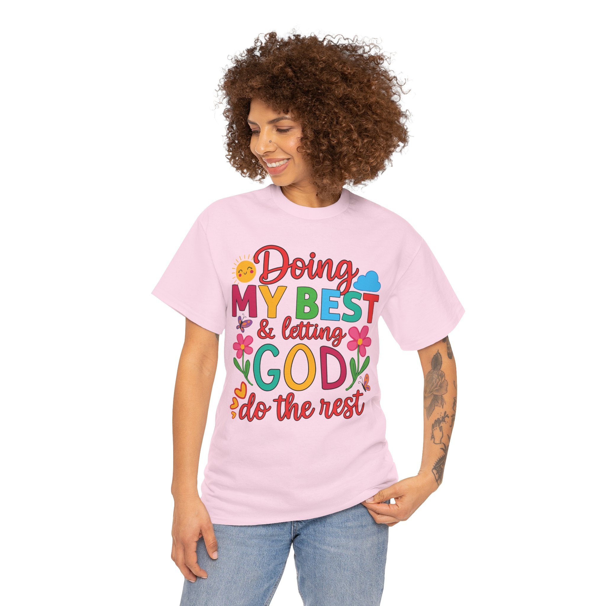 Doing My Best & Letting God Do The Rest T-Shirt — Floral Sun & Butterflies Inspirational Unisex Cotton Tee