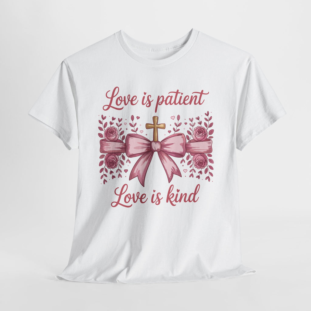 Christian Floral Tee — "Love is Patient, Love is Kind" Pink Rose Cross. Unisex Cotton Tee