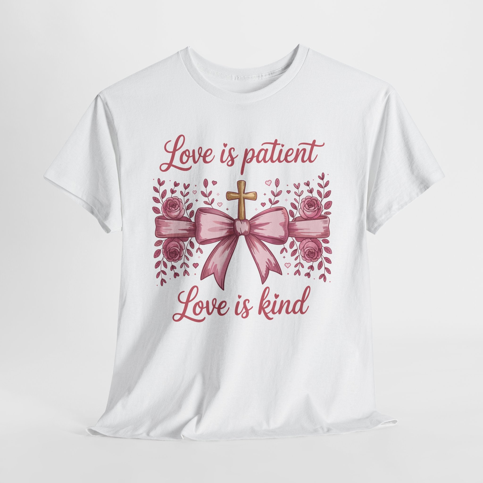 Christian Floral Tee — "Love is Patient, Love is Kind" Pink Rose Cross. Unisex Cotton Tee
