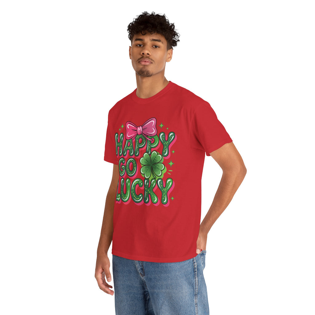 Happy Go Lucky Four-Leaf Clover Tee — Glossy Green Letters & Pink Bow Unisex Cotton Tee