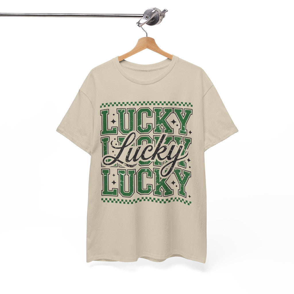 Lucky Varsity Tee — Layered Green ‘Lucky’ Graphic Unisex Cotton Tee