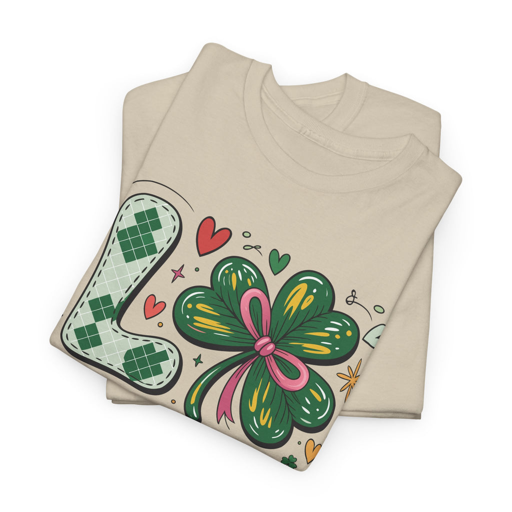 Stitched Clover 'LOVE' Tee — Heart & Patchwork St. Patrick's Unisex Cotton T-Shirt