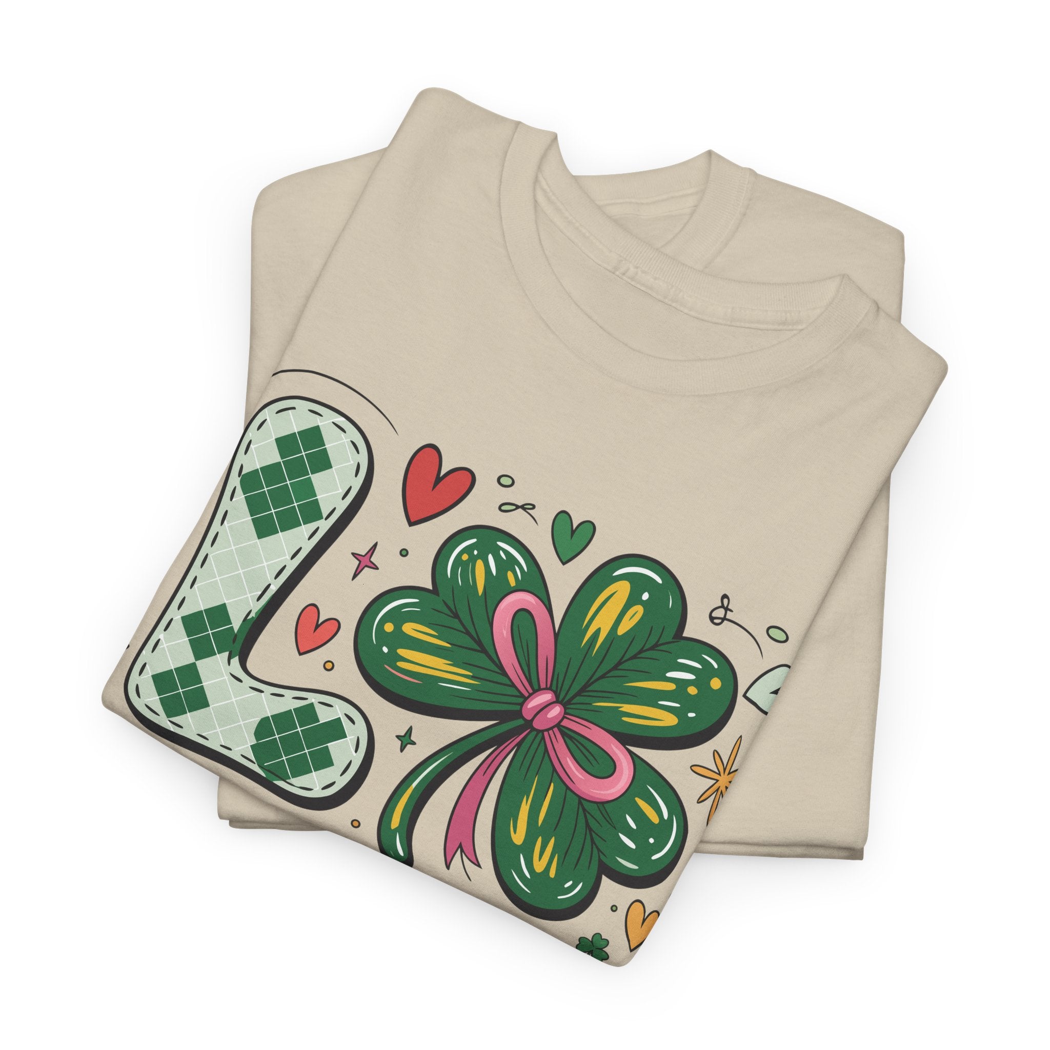 Stitched Clover 'LOVE' Tee — Heart & Patchwork St. Patrick's Unisex Cotton T-Shirt