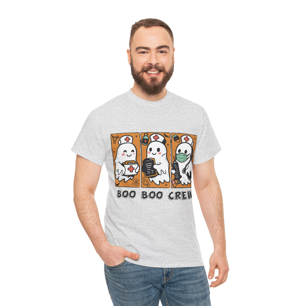 Halloween Nurse T-Shirt — Ghost Nurses Holding Medical Tools on Orange Unisec Cotton Tee