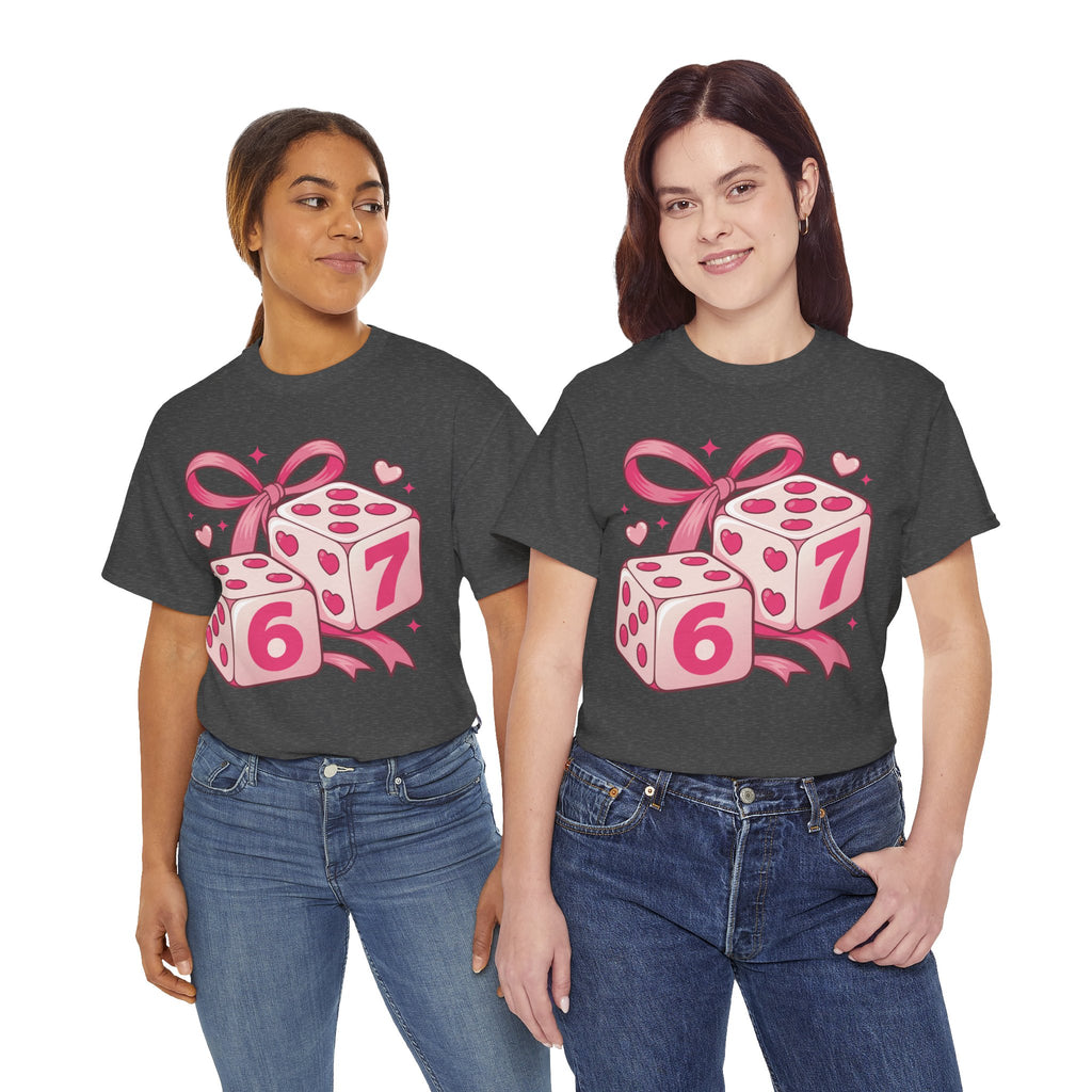 Lucky Love Dice T-Shirt — Pink Heart Dice with Bow..Unisex Cotton Tee