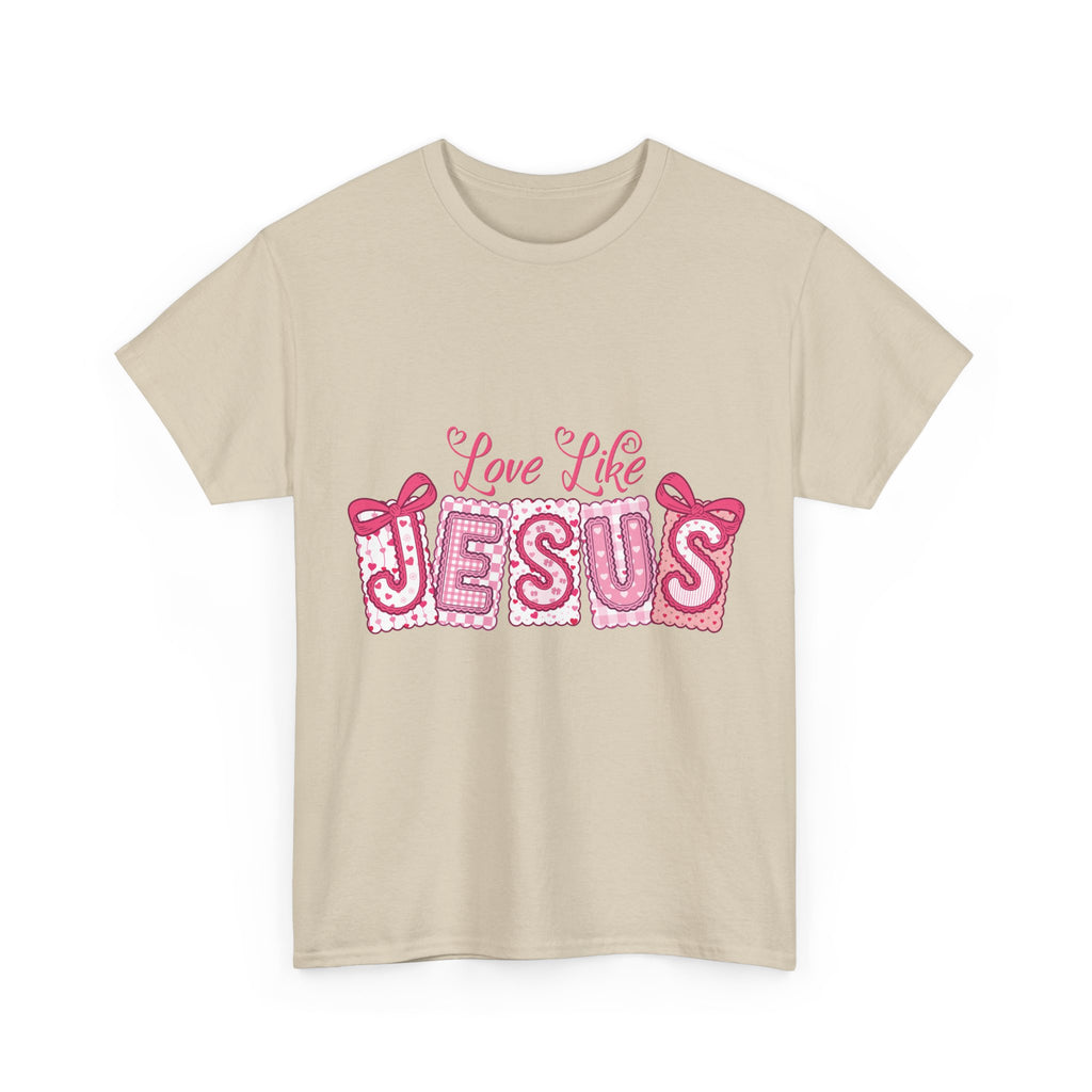 Love Like Jesus Patchwork Tee — Pink Stitched Heart Graphic.Unisex Cotton Tee