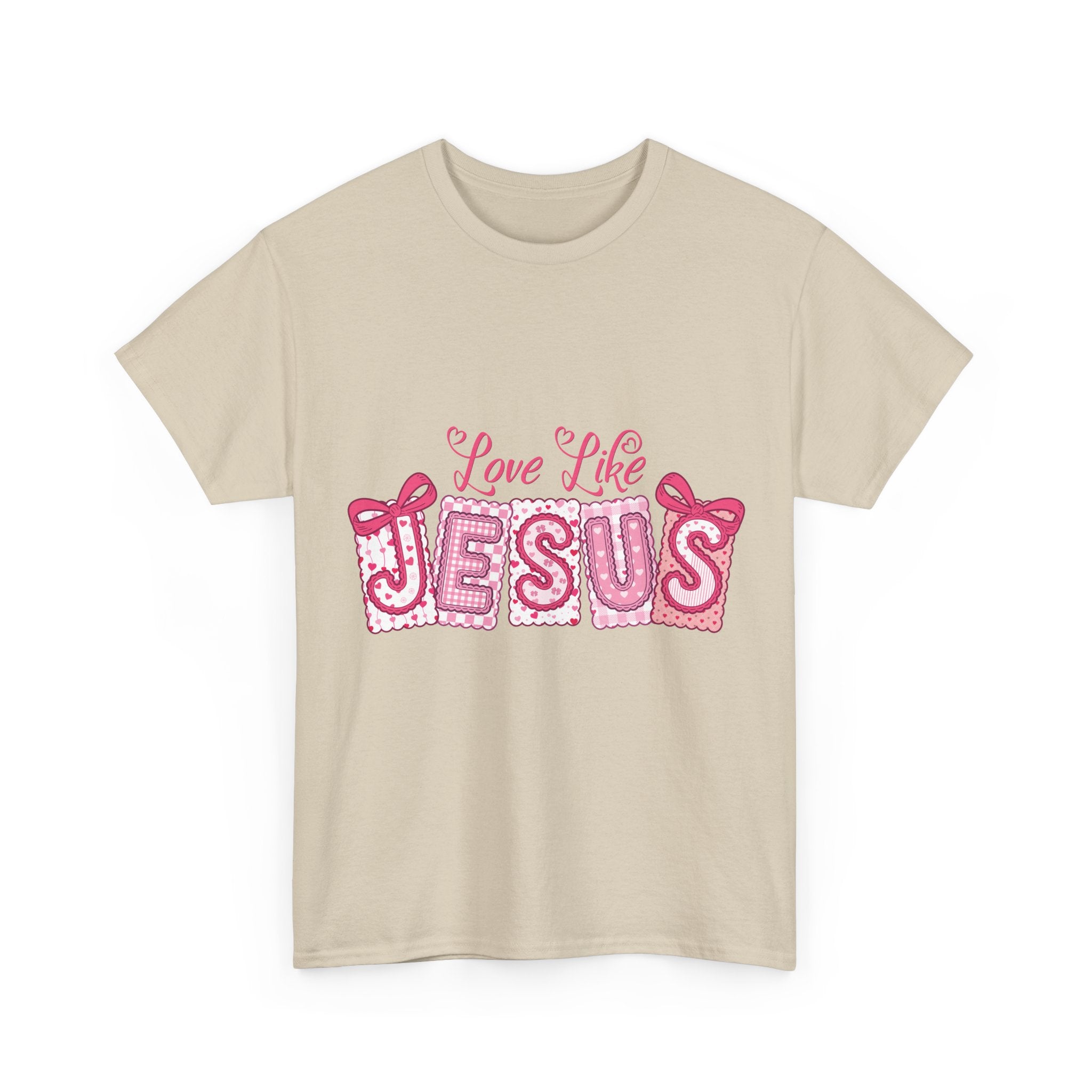 Love Like Jesus Patchwork Tee — Pink Stitched Heart Graphic.Unisex Cotton Tee
