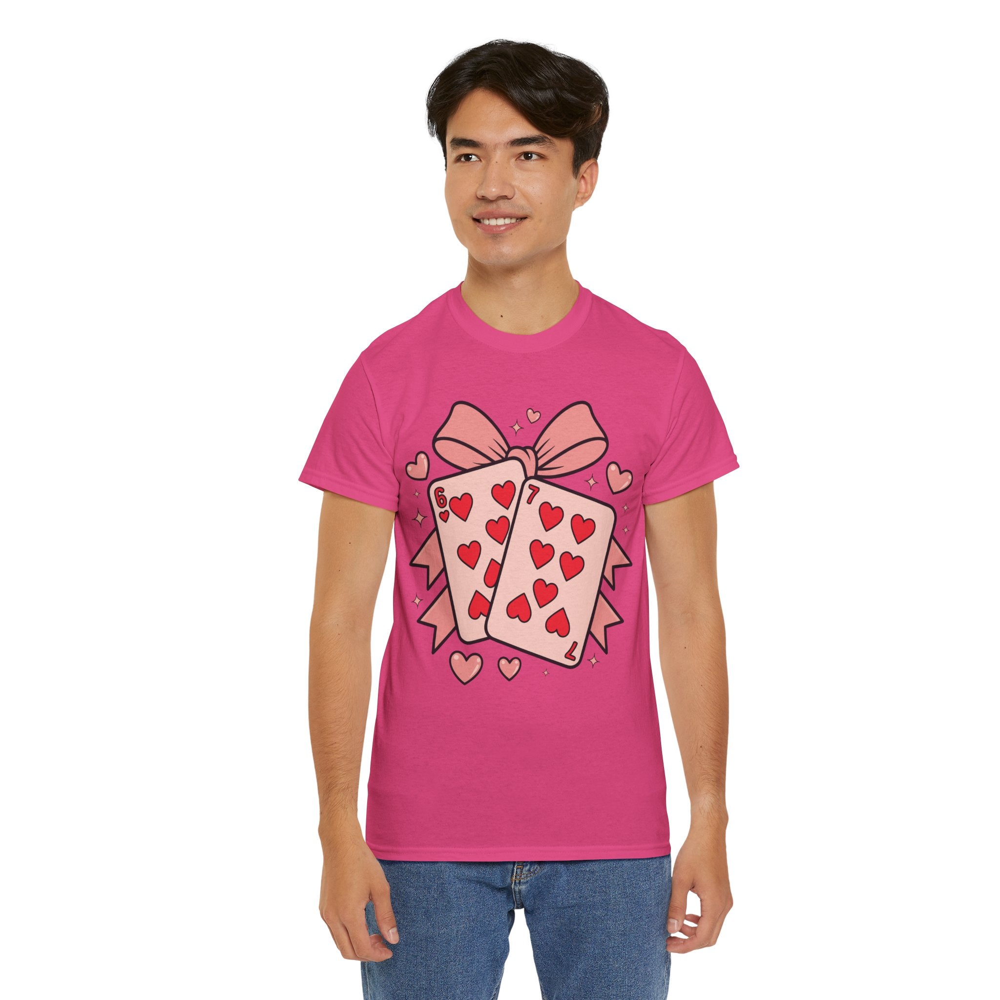 6 & 7 of Hearts T-Shirt — Paired Playing Cards with Pink Bow Unisex Cotton Tee
