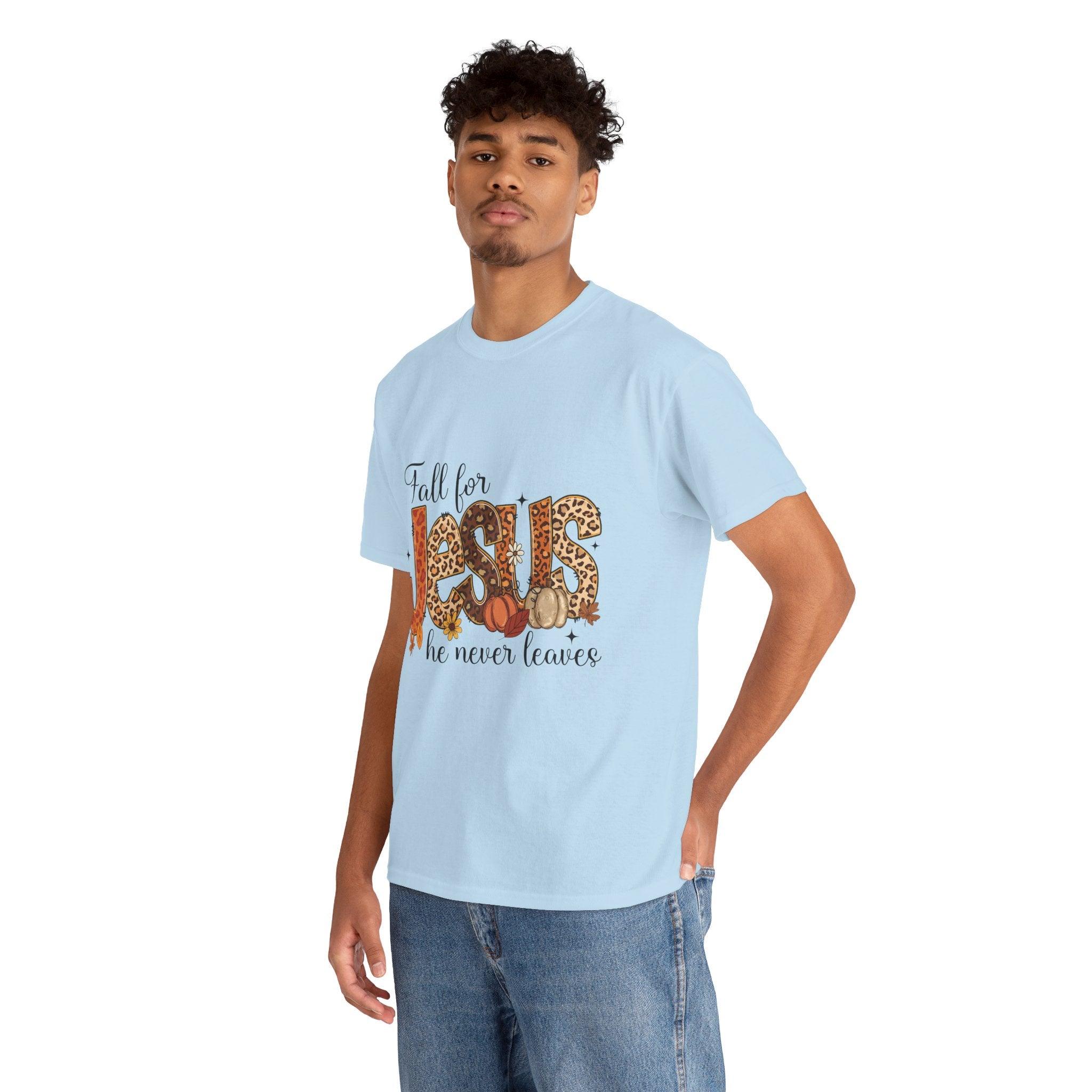 JESUS Leopard Print Fall T-Shirt — Pumpkins, Leaves & Floral Christian Unisex Cotton Tee