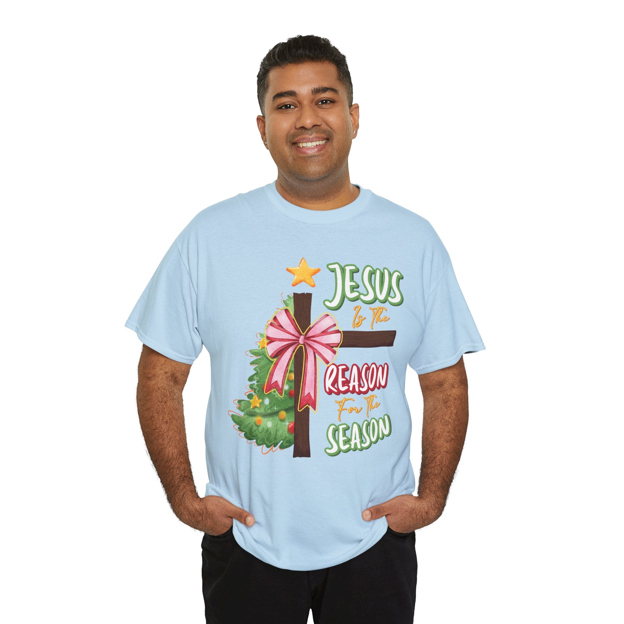 Jesus Is the Reason for the Season Christmas Tee — Cross with Pink Bow & Tree. Unisex Cotton Tee