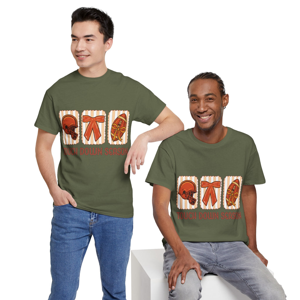Touch Down Season Football Tee — Striped Fall Helmet & Bow Design Unisex Cotton Tee
