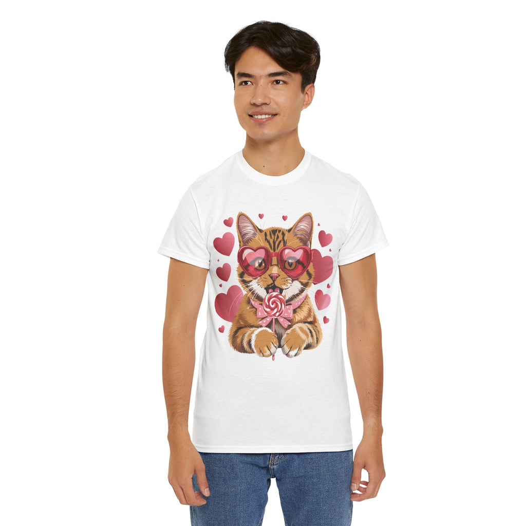Valentine Cat Tee — Heart Glasses, Lollipop Bow Unisex Cotton Tee