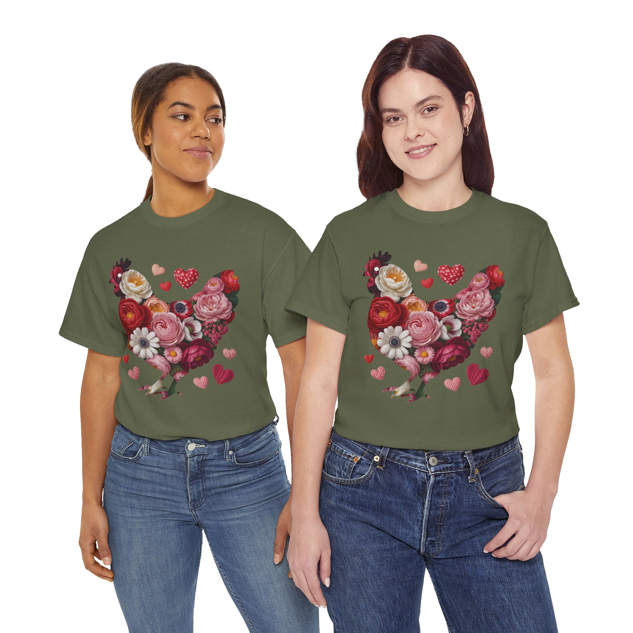 Floral Chicken Heart Tee — Red & Pink Flower Silhouette Unisex Cotton Tee