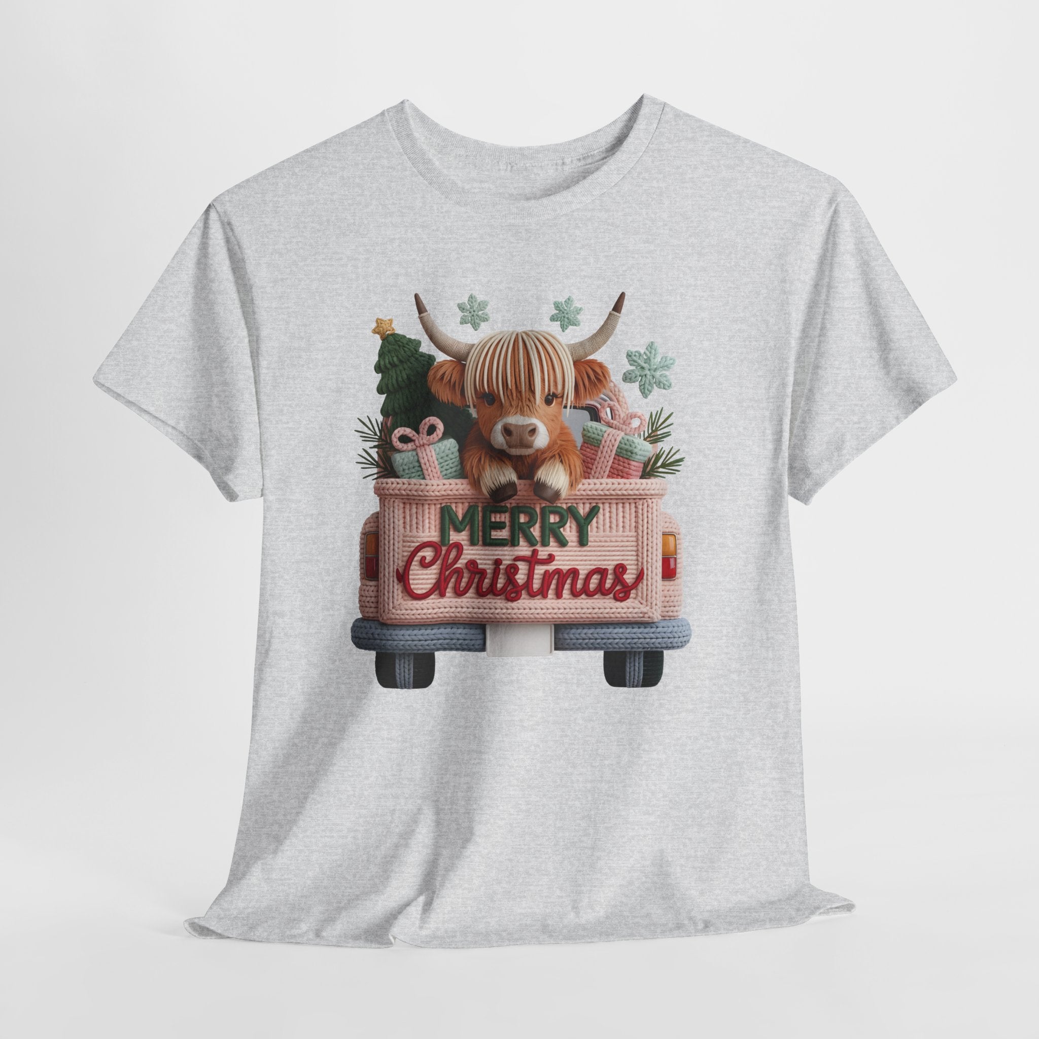 Merry Christmas Highland Cow Knit Truck Unisex Cotton T-Shirt