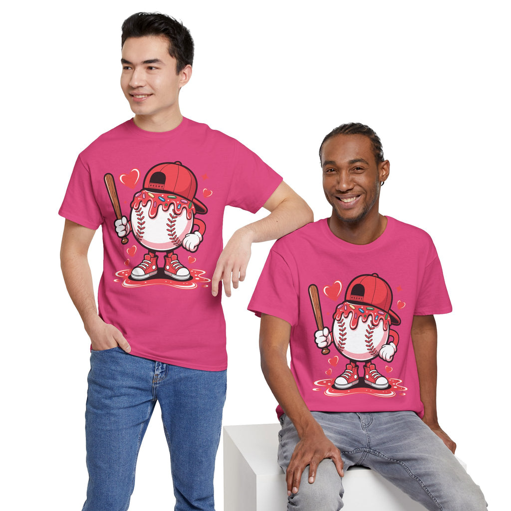 Cute Baseball Character T-Shirt — Red Cap & Icing Top Graphic with Hearts Unisex Cotton Tee