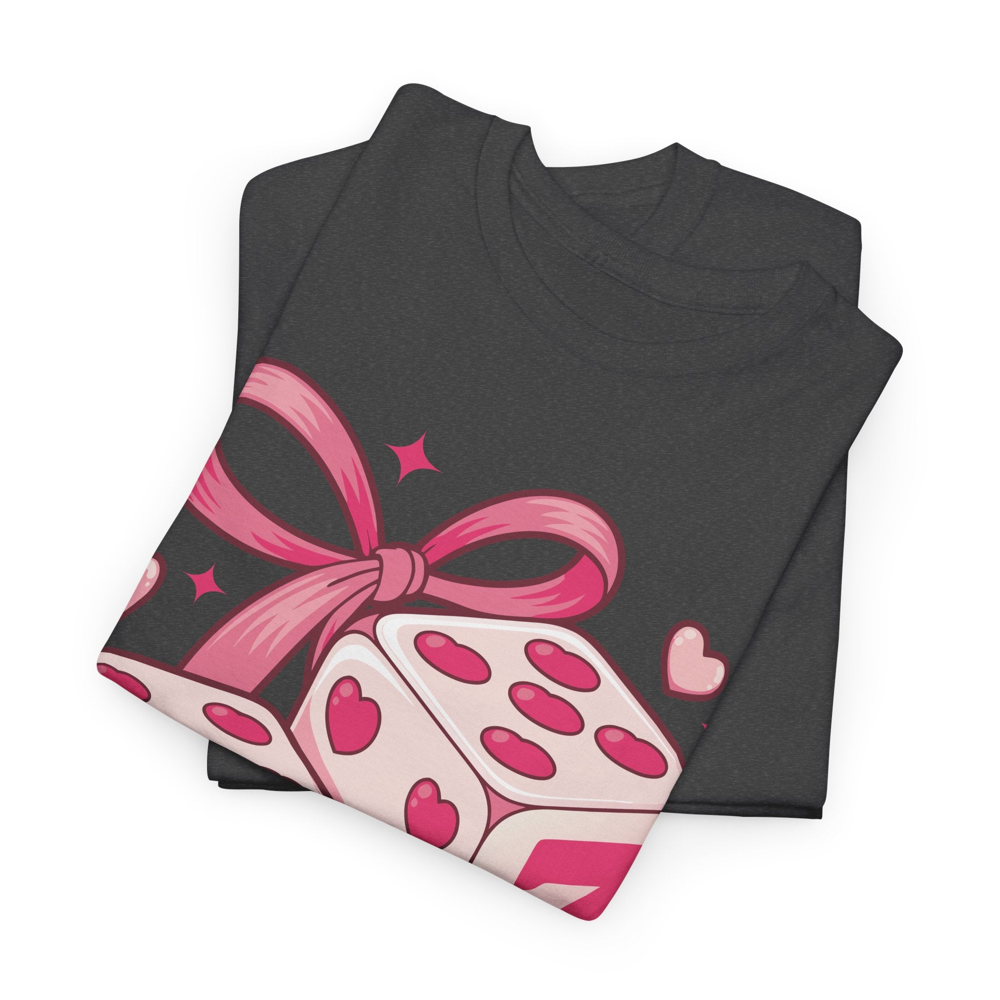 Lucky Love Dice T-Shirt — Pink Heart Dice with Bow..Unisex Cotton Tee