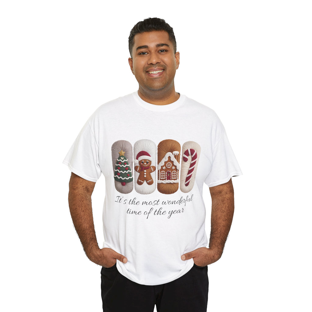 Christmas Faux-Yarn Tree Tee — Gingerbread House & Candy Cane Holiday Unisex Cotton T-Shirt