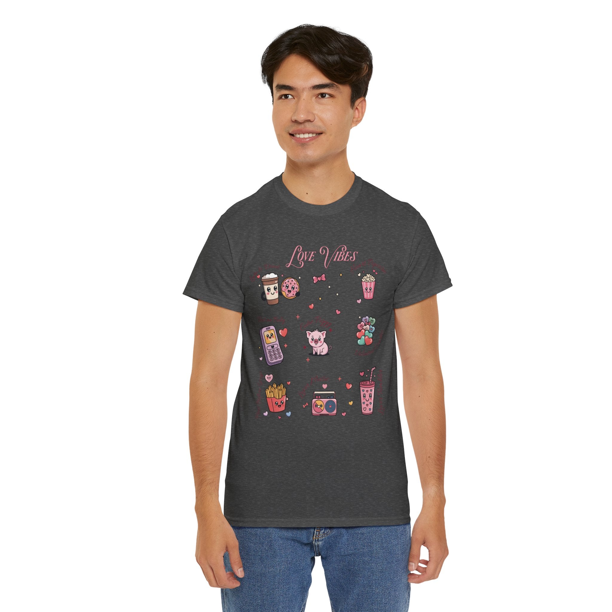 Love Vibes Kawaii Valentine T-Shirt — Cute Donut, Coffee & Piglet Design Unisex Cotton Tee