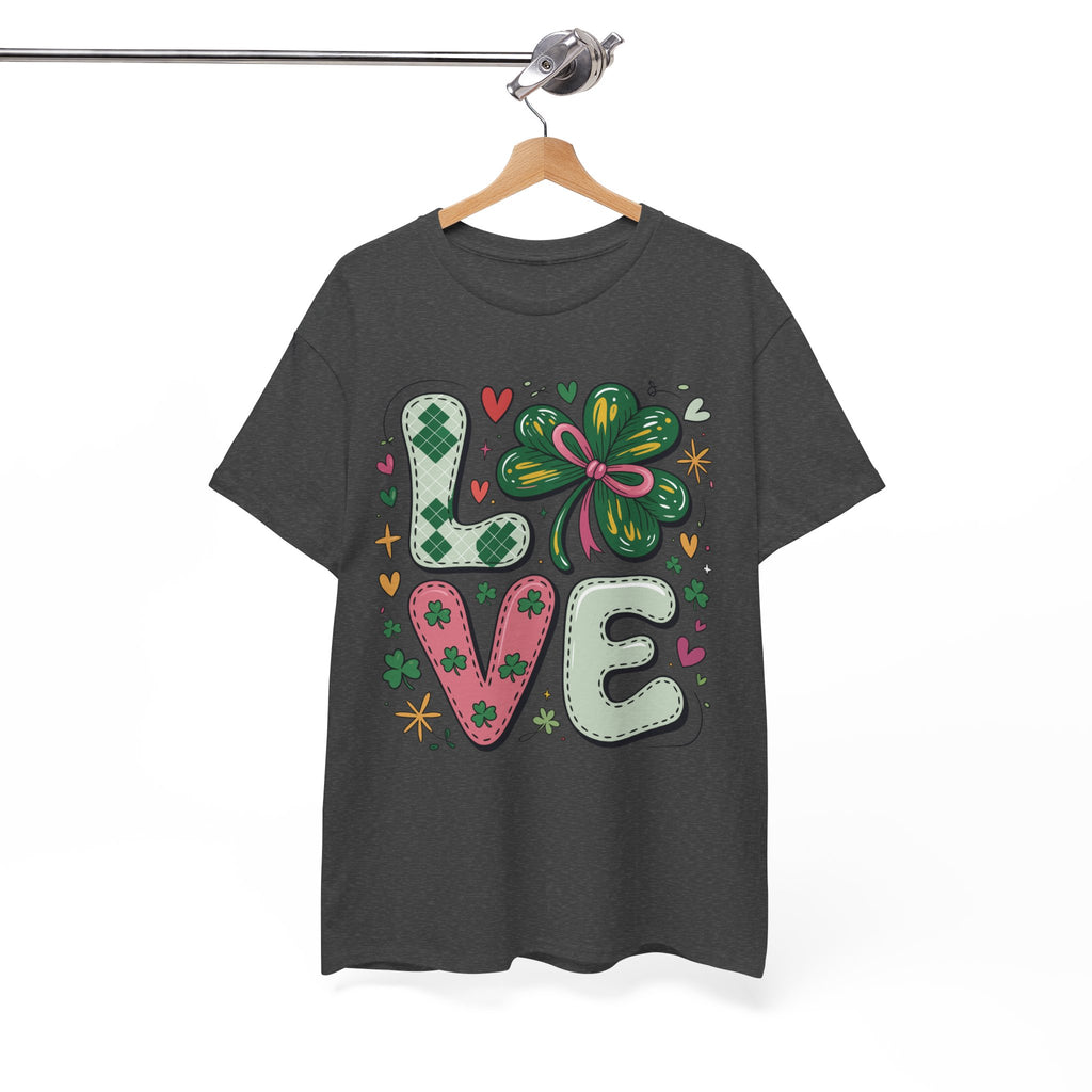 Stitched Clover 'LOVE' Tee — Heart & Patchwork St. Patrick's Unisex Cotton T-Shirt