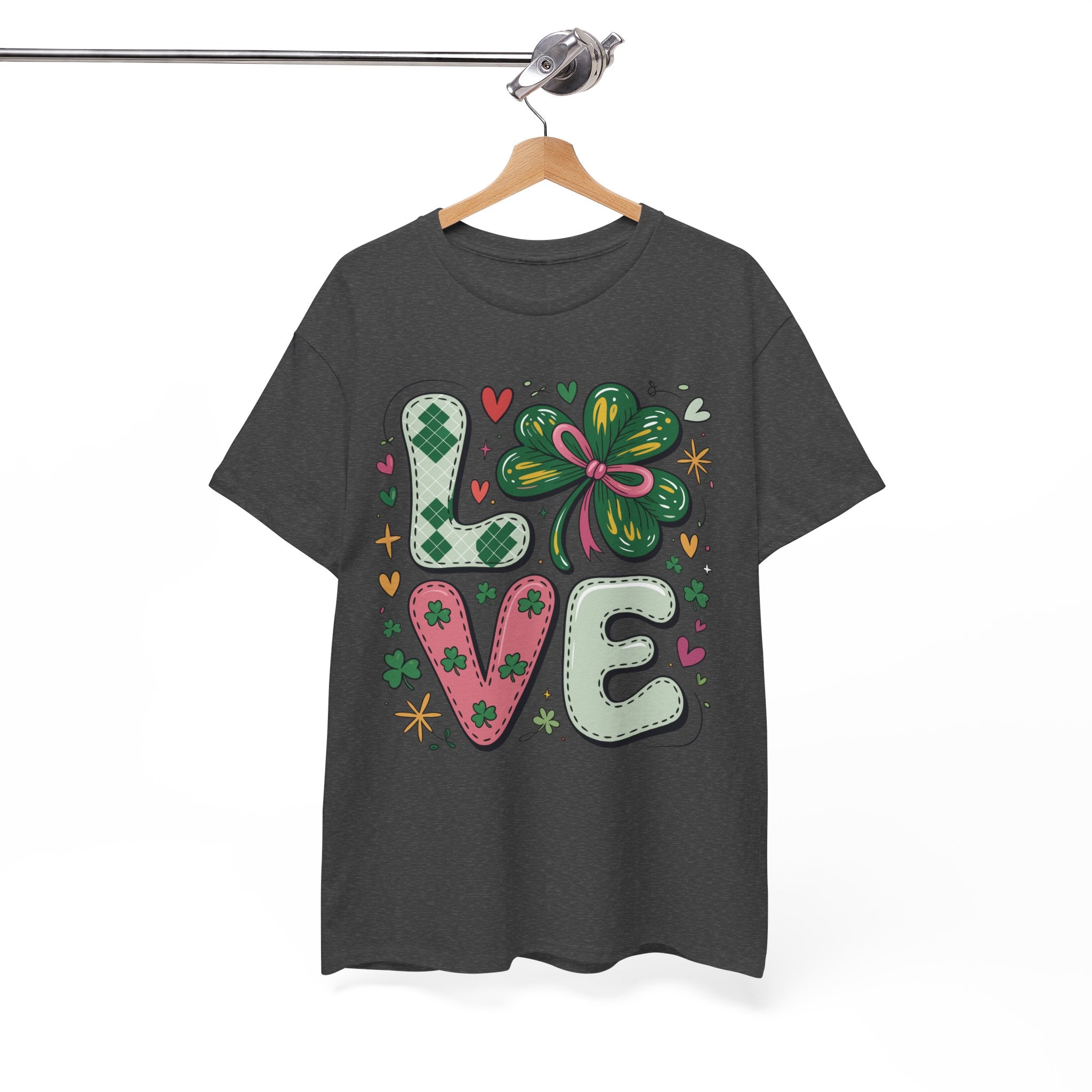 Stitched Clover 'LOVE' Tee — Heart & Patchwork St. Patrick's Unisex Cotton T-Shirt