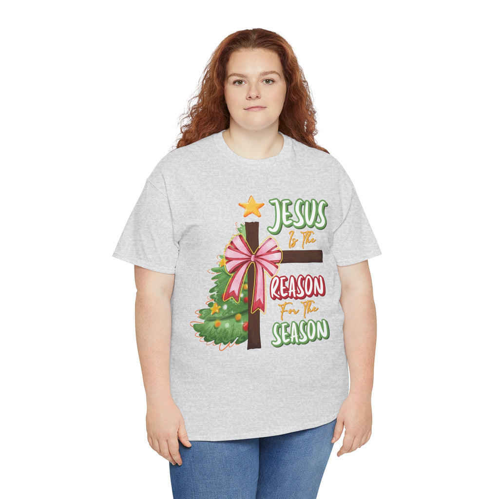 Jesus Is the Reason for the Season Christmas Tee — Cross with Pink Bow & Tree. Unisex Cotton Tee