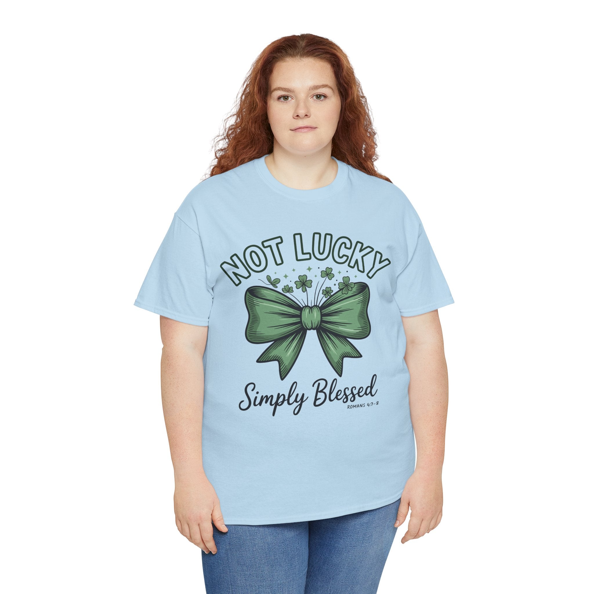 Not Lucky, Simply Blessed T-Shirt — Green Bow & Clovers St. Patrick’s Unisex Cotton Tee