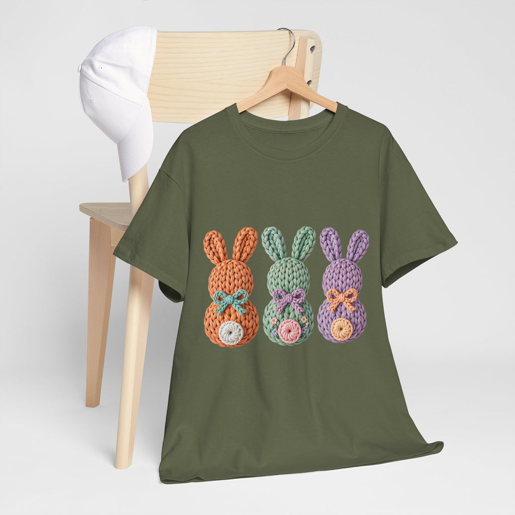 Pastel Crochet Bunny Tee — Trio of Faux Knit Bunnies with Bows & Flowers Unisex Cotton Tee