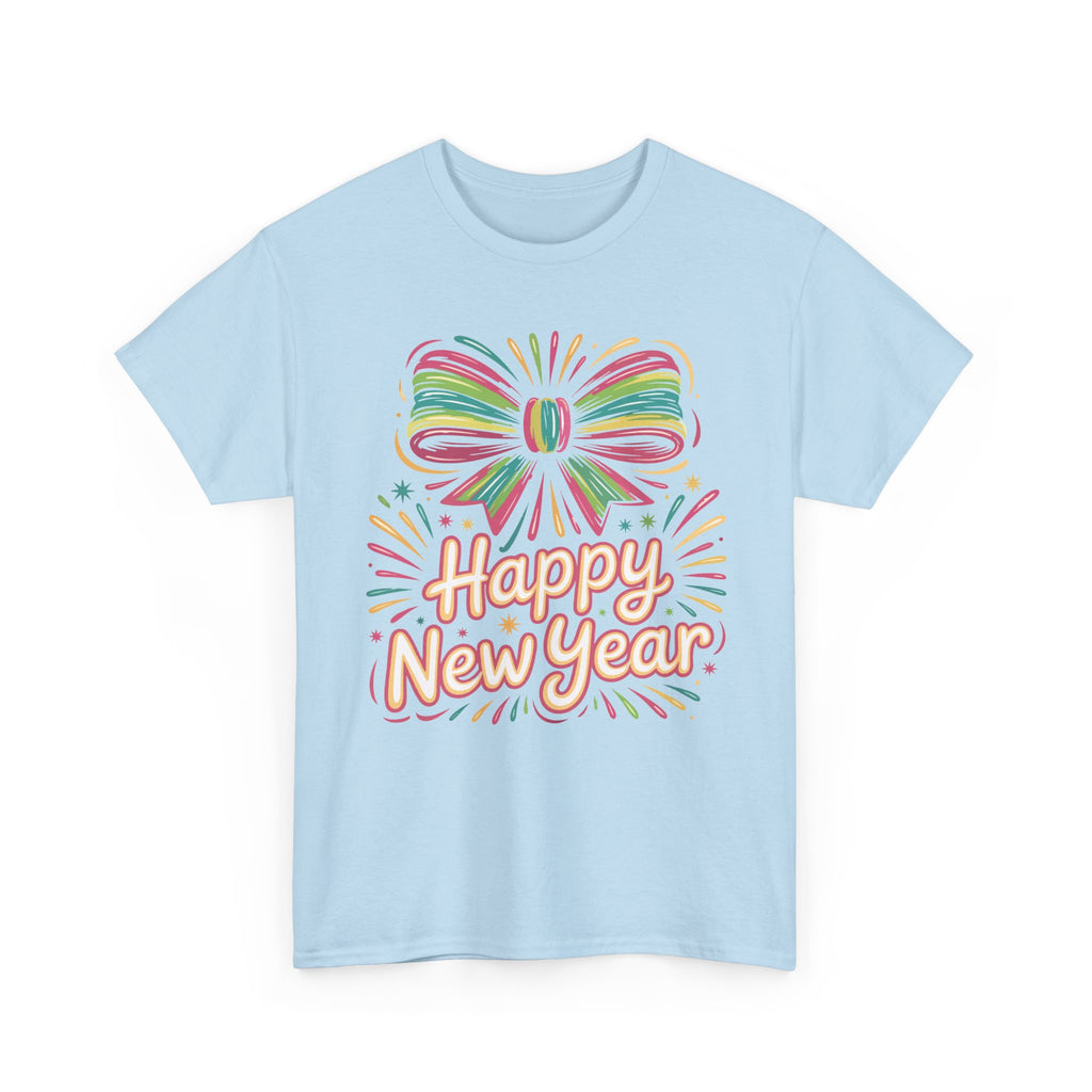 Happy New Year Pastel Tee — Rainbow Bow & Fireworks Celebration Unisex Cotton Tshirt