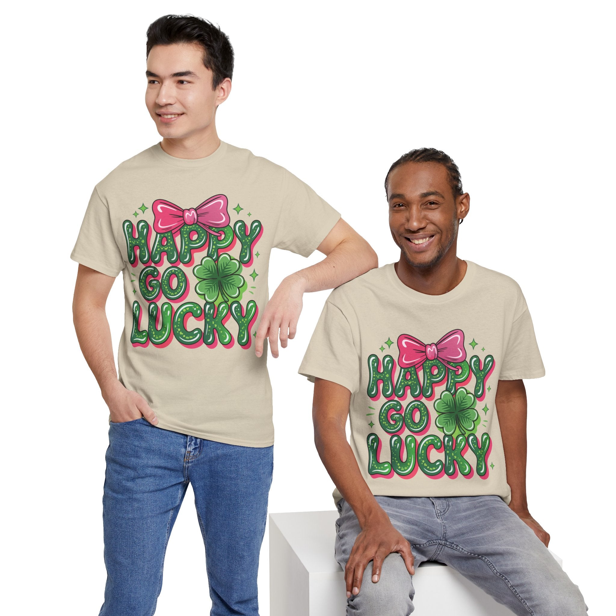 Happy Go Lucky Four-Leaf Clover Tee — Glossy Green Letters & Pink Bow Unisex Cotton Tee