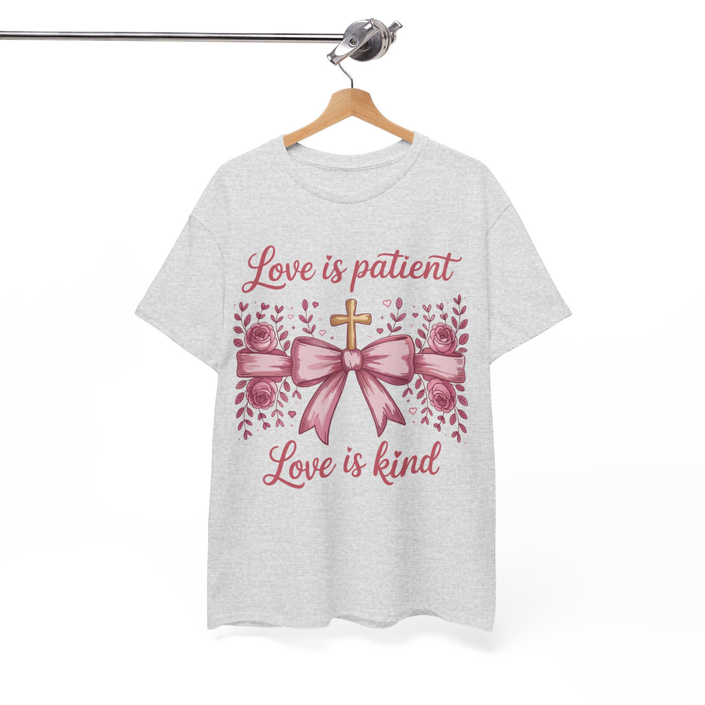 Christian Floral Tee — "Love is Patient, Love is Kind" Pink Rose Cross. Unisex Cotton Tee