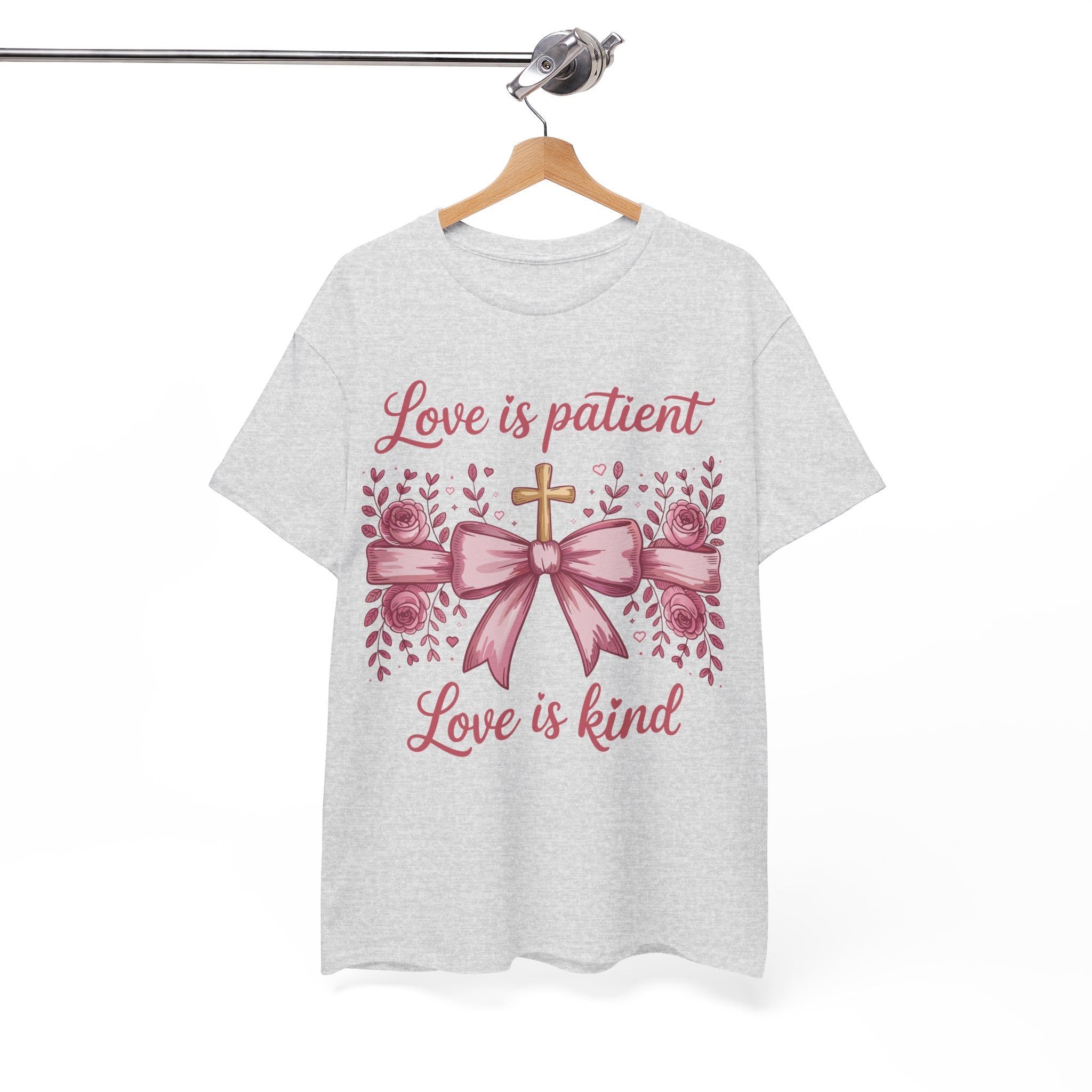 Christian Floral Tee — "Love is Patient, Love is Kind" Pink Rose Cross. Unisex Cotton Tee
