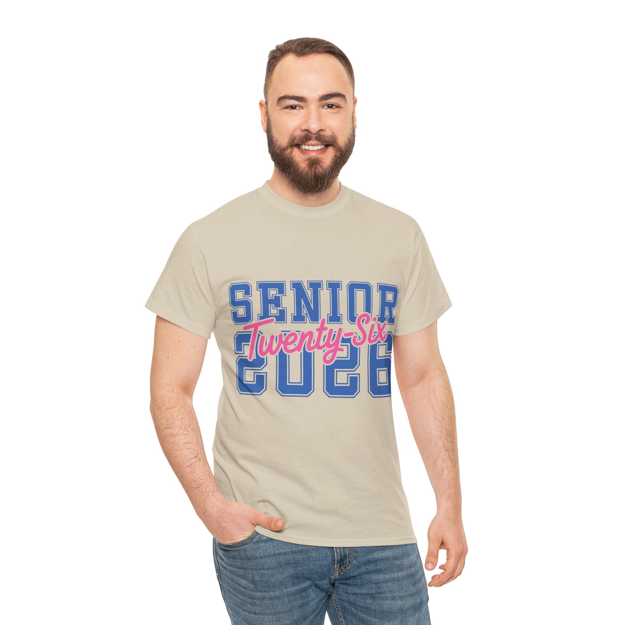Senior 2026 Tee — Pink Varsity Block with Blue Script Overlay Unisex Cotton Tee