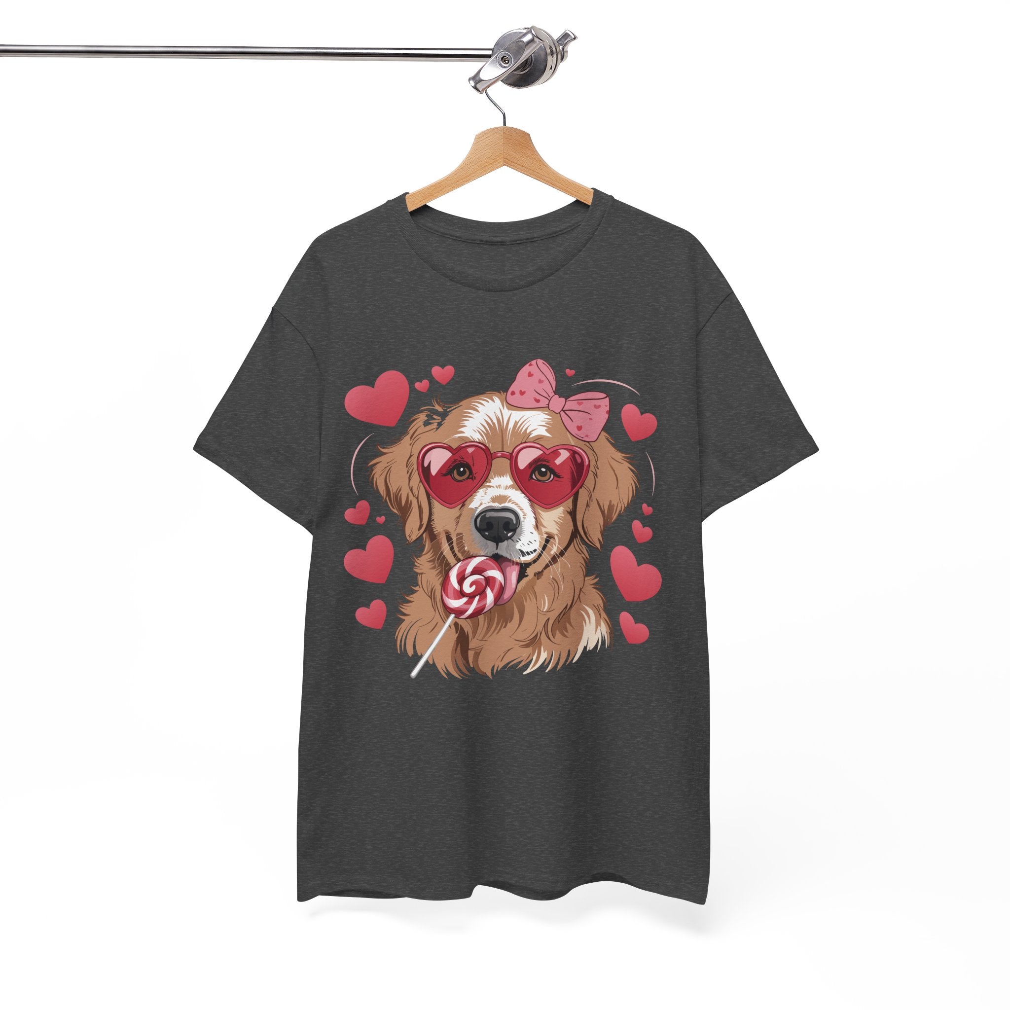 Valentine Dog T-Shirt — Cute Pup with Heart Glasses, Pink Bow & Lollipop..Unisex Cotton Tee