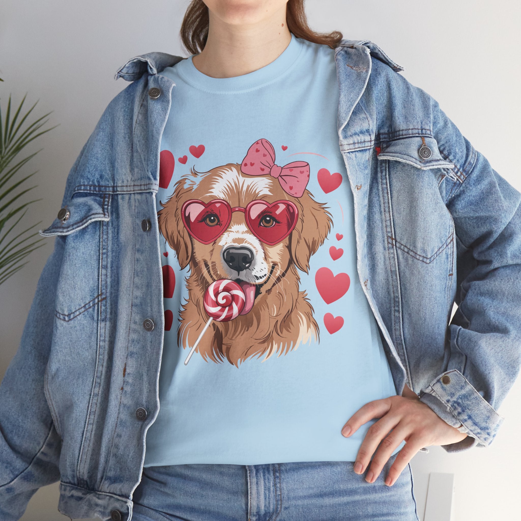 Valentine Dog T-Shirt — Cute Pup with Heart Glasses, Pink Bow & Lollipop..Unisex Cotton Tee