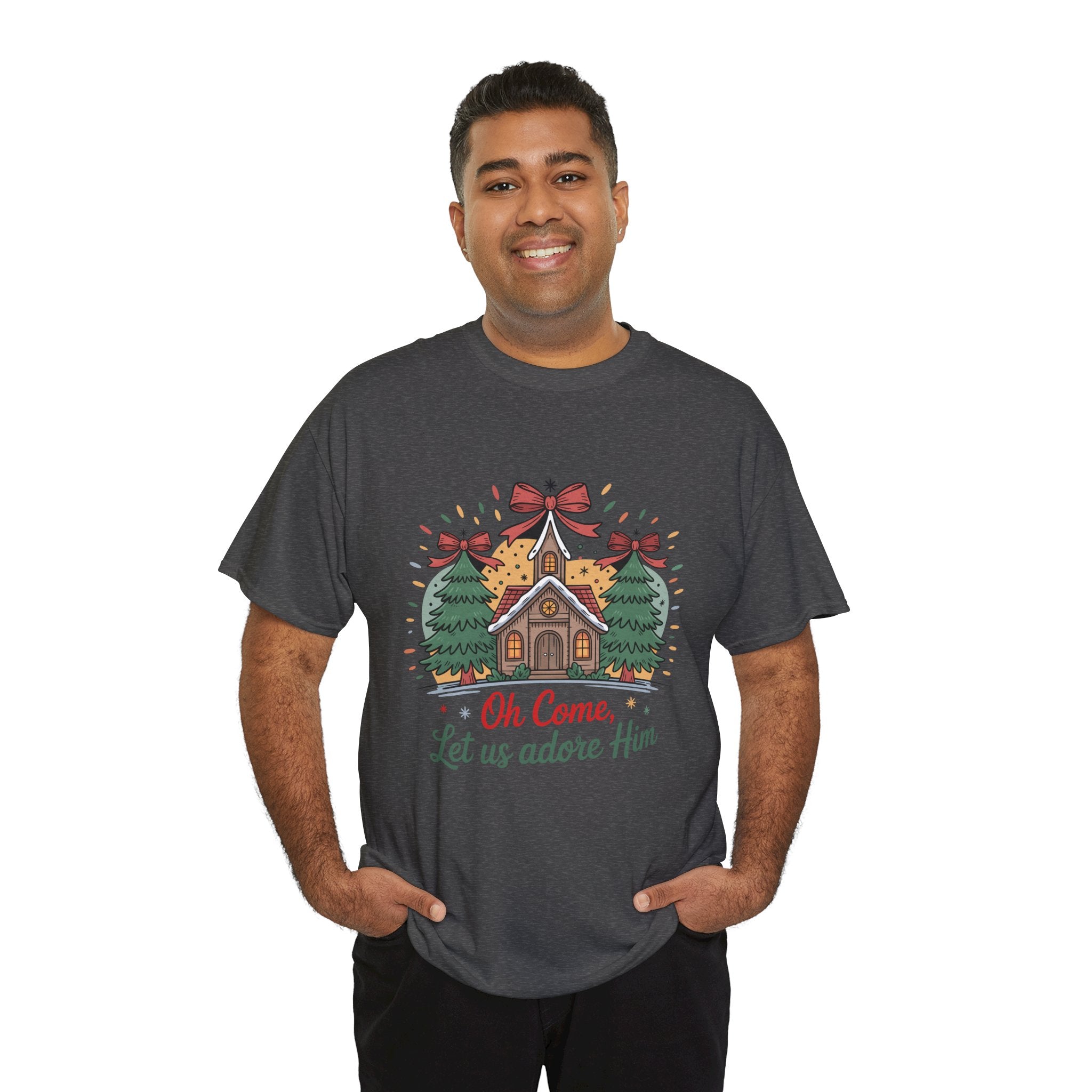 Oh Come Let Us Adore Him Christmas Tee — Church & Trees Holiday Unisex Cotton Tshirt