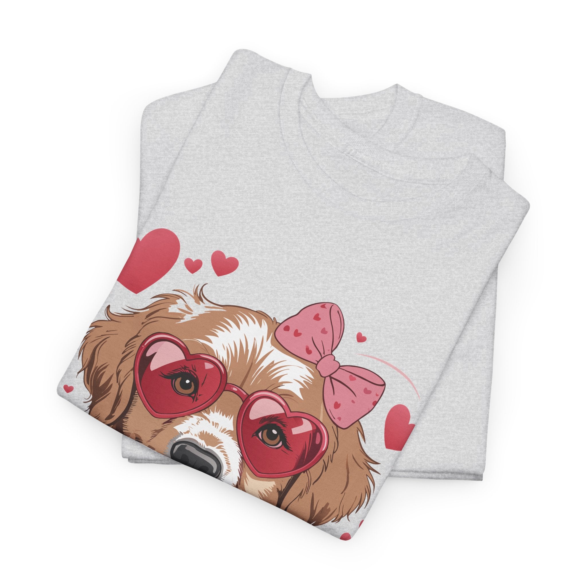 Valentine Dog T-Shirt — Cute Pup with Heart Glasses, Pink Bow & Lollipop..Unisex Cotton Tee