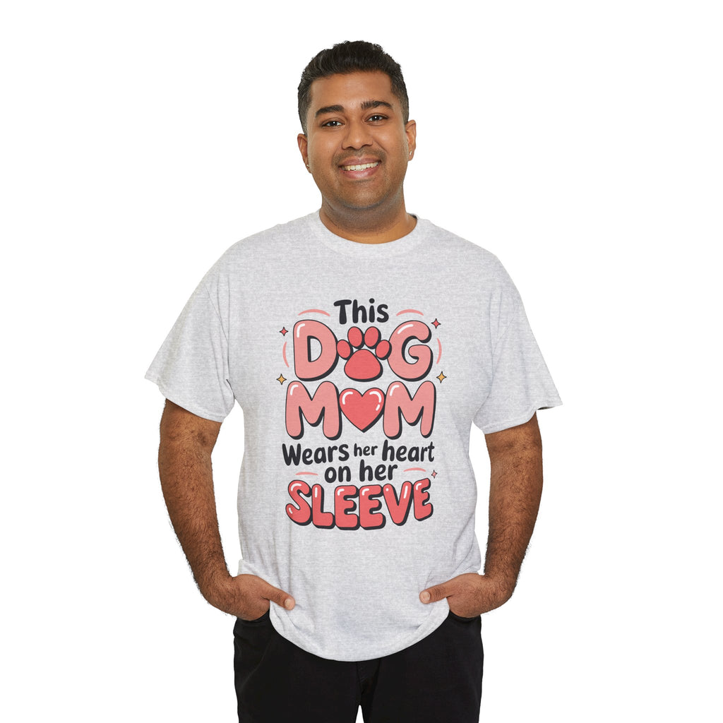 Dog Mom T-Shirt — "This Dog Mom Wears Her Heart on Her Sleeve" Paw & Heart Unisex Cotton Tee