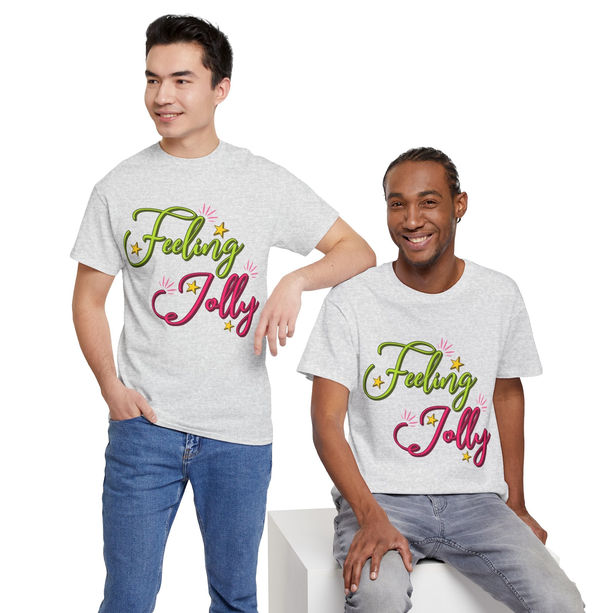 Feeling Jolly Tee — Festive Green & Pink Script with Yellow Stars Unisex Cotton Tee