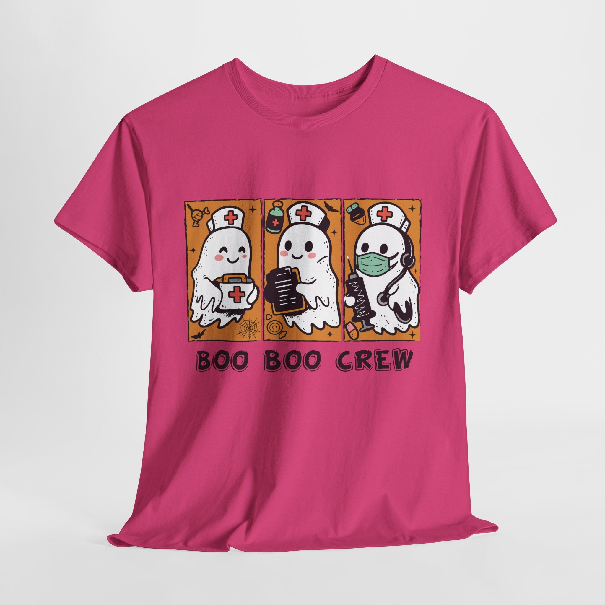 Halloween Nurse T-Shirt — Ghost Nurses Holding Medical Tools on Orange Unisec Cotton Tee