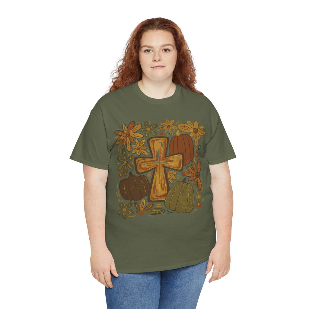 Autumn Cross Tee — Rustic Pumpkin & Fall Floral Christian Unisaex Cotton T-Shirt