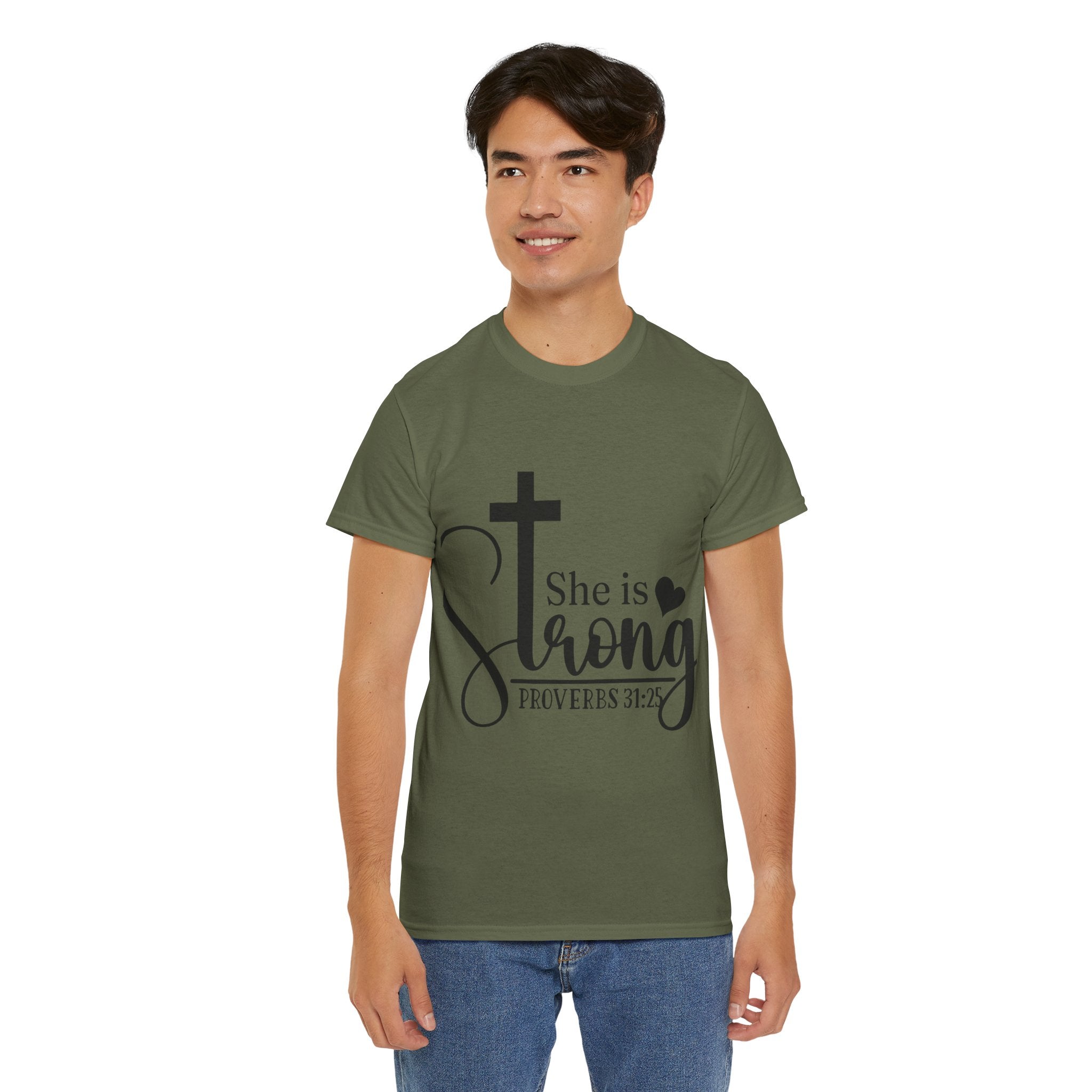 Proverbs 31:25 'She is Strong' T-Shirt – Christian Cross & Heart Unisex Cotton Tee