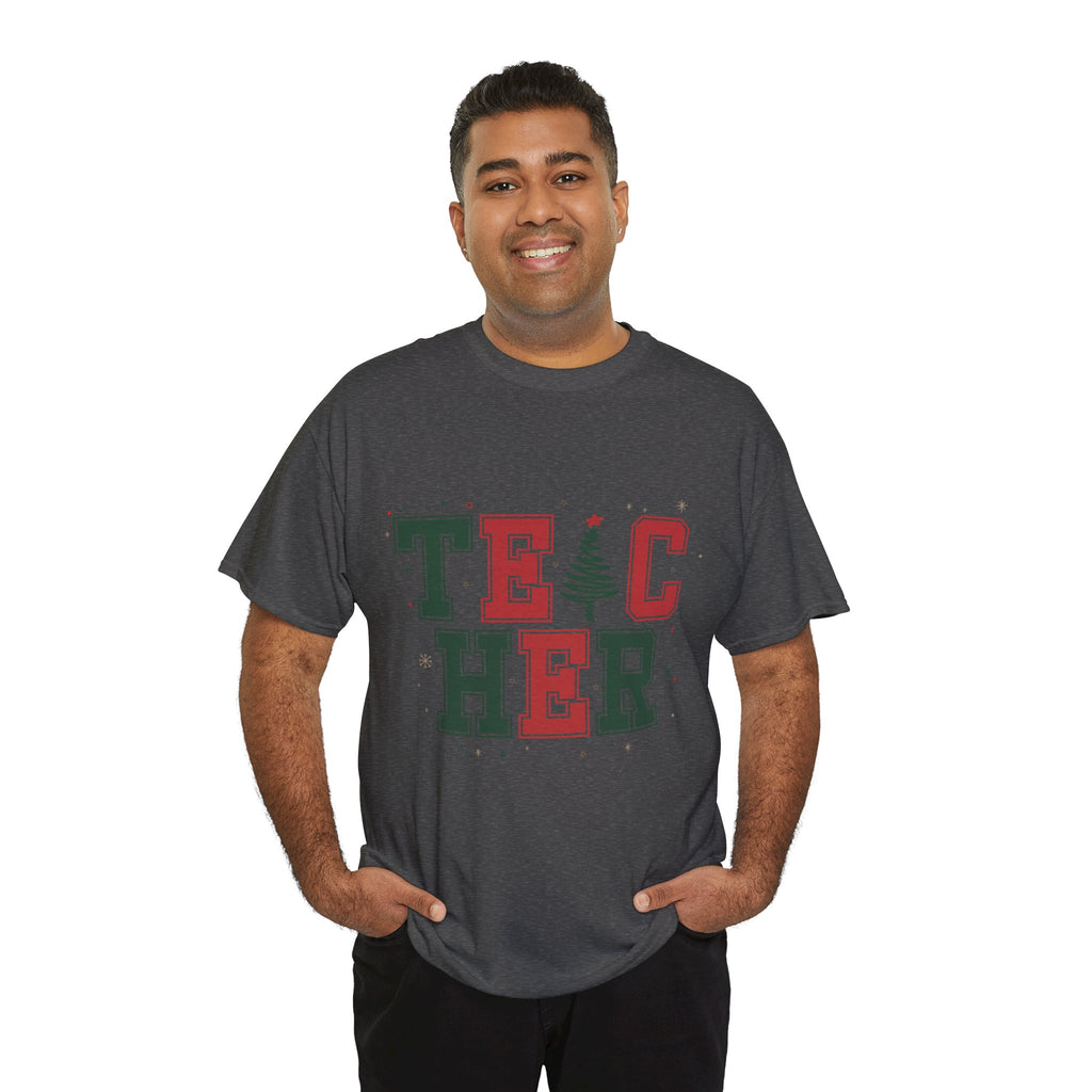 Teacher Christmas Varsity T-Shirt — Red & Green Holiday Unisex Cotton Tee