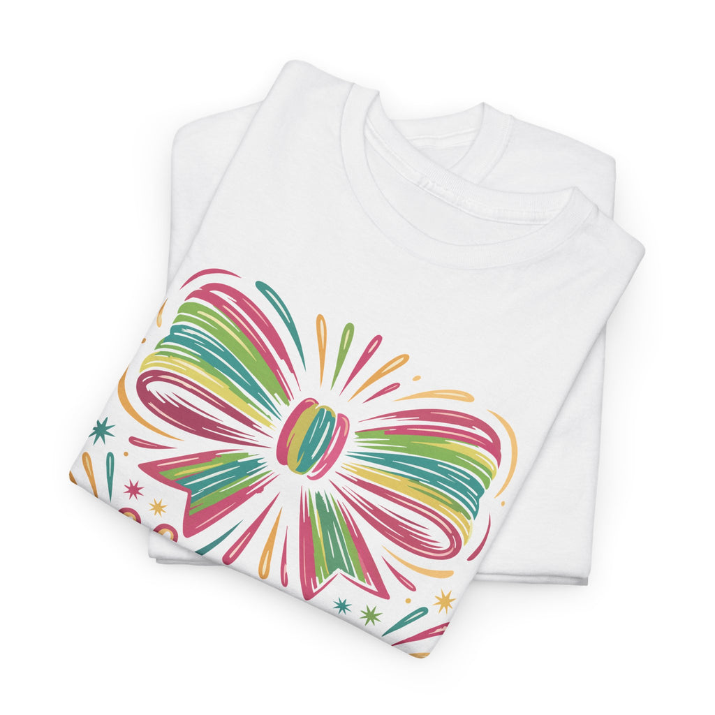Happy New Year Pastel Tee — Rainbow Bow & Fireworks Celebration Unisex Cotton Tshirt